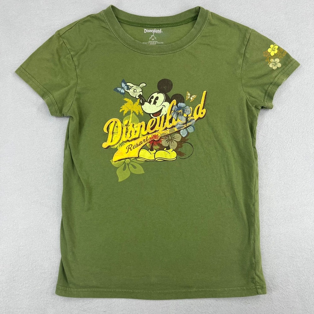 Disneyland Resort Mickey Mouse Tropical Hibiscus Graphic T-Shirt Olive Green M